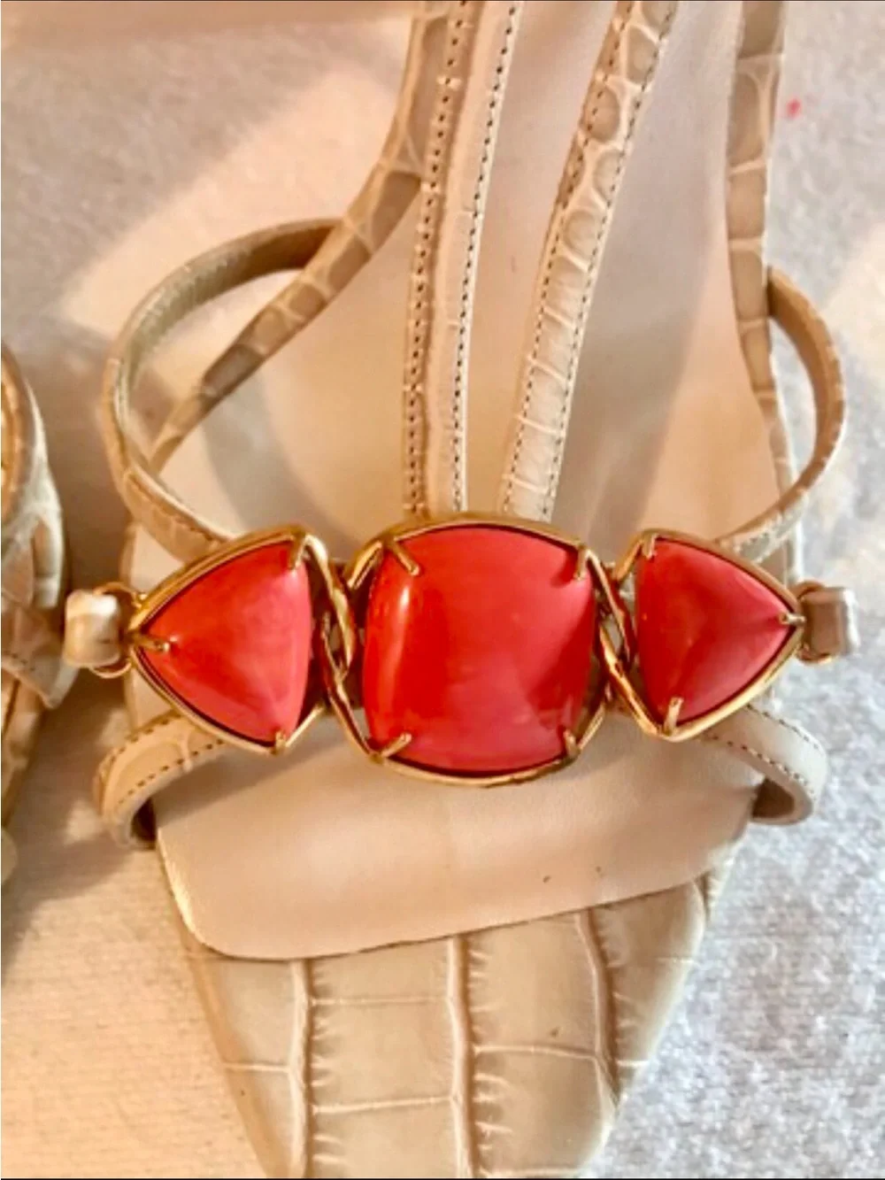 Dior Tan Croc-Embossed Slingback Heels with Red Gem Accents